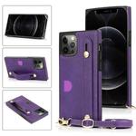 For iPhone 12 / 12 Pro PU+TPU Shockproof Protective Case with Crossbody Lanyard & Holder & Card Slot & Wrist Strap(Purple)