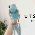 For iPhone 11 Marble Pattern Sequins Ribbon Bow TPU Protective Case with Neck Strap (Blue)