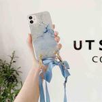 Marble Pattern Sequins Ribbon Bow TPU Protective Case with Neck Strap For iPhone 11 Pro(White)