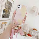 For iPhone 11 Gold Foil Style Dropping Glue Ribbon Bow TPU Protective Case with Neck Strap (Stone)