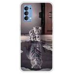 For OPPO Reno4 Colored Drawing Clear TPU Cover Protective Cases(Reflection Cat Tiger)