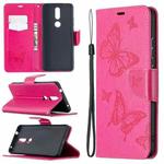For Nokia 2.4 Two Butterflies Embossing Pattern Horizontal Flip Leather Case with Holder & Card Slot & Wallet & Lanyard(Rose Red)