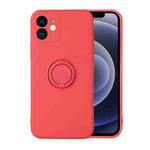 For iPhone 12 mini Solid Color Liquid Silicone Shockproof Full Coverage Protective Case with Ring Holder (Camellia Red)