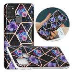 For Samsung Galaxy A21s Flat Plating Splicing Gilding Protective Case(Black Background Flower Matching Color)