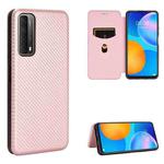 For Huawei P Smart 2021 / Y7A Carbon Fiber Texture Horizontal Flip TPU + PC + PU Leather Case with Card Slot(Pink)