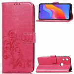 Lucky Clover Pressed Flowers Pattern Leather Case for Huawei Honor 8A, with Holder & Card Slots & Wallet & Hand Strap (Rose Red)