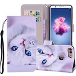 White Cat Pattern Colored Drawing Horizontal Flip Leather Case for Huawei P Smart / Enjoy 7S, with Holder & Card Slots & Wallet & Lanyard