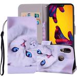 White Cat Pattern Colored Drawing Horizontal Flip Leather Case for Huawei P20 Lite, with Holder & Card Slots & Wallet & Lanyard