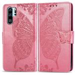 Butterfly Love Flowers Embossing Horizontal Flip Leather Case for Huawei P30 Pro, with Holder & Card Slots & Wallet & Lanyard (Pink)