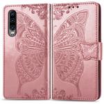 Butterfly Love Flowers Embossing Horizontal Flip Leather Case for Huawei P30, with Holder & Card Slots & Wallet & Lanyard (Rose Gold)