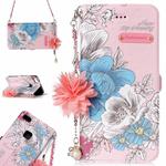 For Huawei  P10 Lite Pink Background Blue Rose Pattern Horizontal Flip Leather Case with Holder & Card Slots & Pearl Flower Ornament & Chain