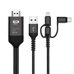 3 in 1 Micro USB + USB-C / Type-C + 8 Pin to HDMI HDTV Cable(Black)