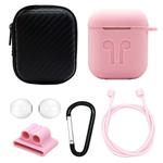 6 in 1 Earphone Bag + Earphone Case + Earphones Silicone Buckle + Earbuds + Anti-Drops Buckle + Anti-lost Rope Wireless Earphone Silicone Case Set for Apple Airpods(Pink)