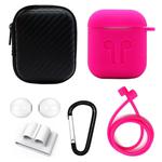 6 in 1 Earphone Bag + Earphone Case + Earphones Silicone Buckle + Earbuds + Anti-Drops Buckle + Anti-lost Rope Wireless Earphone Silicone Case Set for Apple Airpods(Rose Red)
