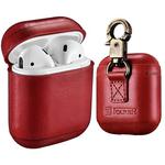 ICARER Cowhide Leather Anti-lost Dropproof Wireless Earphones Charging Box Protective Case for Apple AirPods 1/2, with Clasp(Red)