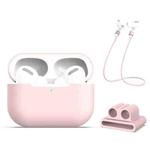 For AirPods Pro 3 in 1 Silicone Earphone Protective Case + Earphones Buckle + Anti-lost Rope Set(Pink)