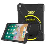 For iPad 9.7 (2018) & iPad 9.7 (2017) 360 Degree Rotation PC + Silicone Protective Case with Holder & Hand-strap(Black)