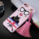 For  iPhone 8 & 7  Fashion Girl in Black and Wearing Glasses Pattern Soft TPU Protective Back Cover Case with Tassel Pendant(Pink)