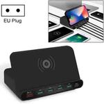 828W 7 in 1 60W QC 3.0 USB Interface + 4 USB Ports + USB-C / Type-C Interface + Wireless Charging Multi-function Charger with Mobile Phone Holder Function, EU Plug(Black)
