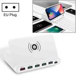 828W 7 in 1 60W QC 3.0 USB Interface + 4 USB Ports + USB-C / Type-C Interface + Wireless Charging Multi-function Charger with Mobile Phone Holder Function, EU Plug(White)