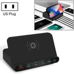 828W 7 in 1 60W QC 3.0 USB Interface + 4 USB Ports + USB-C / Type-C Interface + Wireless Charging Multi-function Charger with Mobile Phone Holder Function, US Plug(Black)