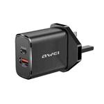 awei PD8 20W QC + PD Fast Charging Travel Charger Power Adapter, UK Plug (Black)