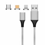 M11 3 in 1 3A USB to 8 Pin + Micro USB + USB-C / Type-C Nylon Braided Magnetic Data Cable, Cable Length: 2m (Silver)