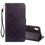 For iPhone XR Embossed Butterfly Pattern Horizontal Flip Leather Case with Card Slot & Holder & Wallet & Lanyard (Dark Purple)