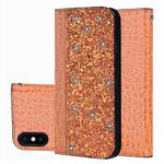 Crocodile Texture Glitter Powder Horizontal Flip Leather Case for iPhone X / XS, with Card Slots & Holder(Orange)