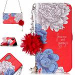For iPhone X / XS Red Background Chrysanthemum Pattern Horizontal Flip Leather Case with Holder & Card Slots & Pearl Flower Ornament & Chain