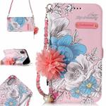 For iPhone X / XS Pink Background Blue Rose Pattern Horizontal Flip Leather Case with Holder & Card Slots & Pearl Flower Ornament & Chain
