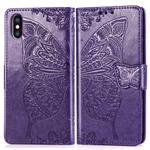 For iPhone XS Max Butterfly Love Flowers Embossing Horizontal Flip Leather Case with Holder & Card Slots & Wallet & Lanyard (Dark Purple)