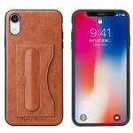 For iPhone XR Fierre Shann Full Coverage Protective Leather Case with Holder & Card Slot (Brown)