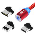 TOPK 2m 2.4A Max USB to 8 Pin + USB-C / Type-C + Micro USB Nylon Braided Magnetic Charging Cable with LED Indicator(Red)