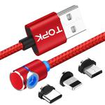 TOPK AM30 2m 2.4A Max USB to 8 Pin + USB-C / Type-C + Micro USB 90 Degree Elbow Magnetic Charging Cable with LED Indicator(Red)