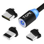 TOPK AM23 1m 2.1A Output USB to 8 Pin + USB-C / Type-C + Micro USB Mesh Braided Magnetic Charging Cable with LED Indicator(Black)