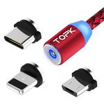 TOPK AM23 1m 2.1A Output USB to 8 Pin + USB-C / Type-C + Micro USB Mesh Braided Magnetic Charging Cable with LED Indicator(Red)
