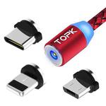 TOPK AM23 2m 2.1A Output USB to 8 Pin + USB-C / Type-C + Micro USB Mesh Braided Magnetic Charging Cable with LED Indicator(Red)