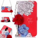 For LG K10 (2017) (EU Version) Red Background Chrysanthemum Pattern Horizontal Flip Leather Case with Holder & Card Slots & Pearl Flower Ornament & Chain