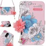For LG K10 (2017) (EU Version) Pink Background Blue Rose Pattern Horizontal Flip Leather Case with Holder & Card Slots & Pearl Flower Ornament & Chain
