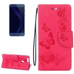 For Huawei  Honor 8 Butterflies Embossing Horizontal Flip Leather Case with Holder & Card Slots & Wallet & Lanyard(Magenta)