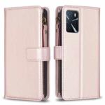 9 Card Slots Zipper Wallet Leather Flip Phone Case For OPPO A16 / A16s / A54s / A55 5G / A54 4G (Rose Gold)