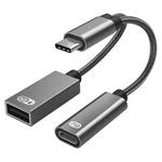 TA2Q USB-C / Type-C Male to PD 60W USB-C / Type-C Charging + USB 2.0 Female OTG Adapter(Grey)