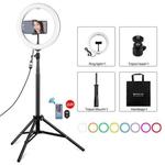 PULUZ 10.2 inch 26cm RGBW Light + 1.65m Tripod Mount Curved Surface USB RGBW Dimmable LED Ring Vlogging Video Light Live Broadcast Kits with Cold Shoe Tripod Ball Head & Phone Clamp & Remote Control(Black)