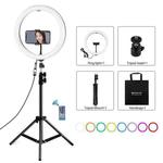 PULUZ 11.8 inch 30cm RGBW Light + 1.1m Tripod Mount Curved Surface Dimmable LED Dual Color Temperature LED Ring Selfie Vlogging Video Light  Live Broadcast Kits with Cold Shoe Tripod Ball Head & Phone Clamp & Remote Control(Black)
