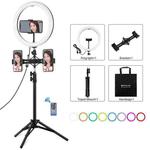 PULUZ 11.8 inch 30cm RGBW Light + 1.1m Tripod Mount + Dual Phone Brackets+ Curved Surface RGB Dimmable LED Dual Color Temperature LED Ring Selfie Vlogging Video Light  Live Broadcast Kits with Cold Shoe Tripod Ball Head & Phone Clamp & Remote Control(Black)