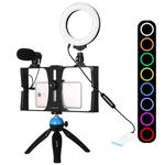 PULUZ 4 in 1 Vlogging Live Broadcast Smartphone Video Rig + 4.7 inch 12cm RGBW Ring LED Selfie Light + Microphone + Pocket Tripod Mount Kits with Cold Shoe Tripod Head(Blue)