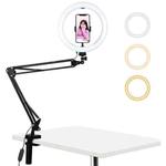 PULUZ 10.2 inch 26cm Ring Curved Light + Desktop Arm Stand USB 3 Modes Dimmable Dual Color Temperature LED Vlogging Selfie Photography Video Lights with Phone Clamp(Black)