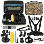 PULUZ 20 in 1 Accessories Combo Kit with Camouflage EVA Case (Chest Strap + Head Strap + Suction Cup Mount + 3-Way Pivot Arm + J-Hook Buckles + Extendable Monopod + Tripod Adapter + Bobber Hand Grip + Storage Bag + Wrench) for GoPro Hero11 Black / HERO10 Black / GoPro HERO9 Black / HERO8 Black / HERO7 /6 /5 /5 Session /4 Session /4 /3+ /3 /2 /1, DJI Osmo Action and Other Action Cameras