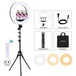PULUZ 18 inch 46cm Ring Light + 1.8m Tripod 3 Modes Dimmable White Light LED Selfie Beauty Photography Lights Kit with Remote Control & 3 x Phone Clamps(US Plug)